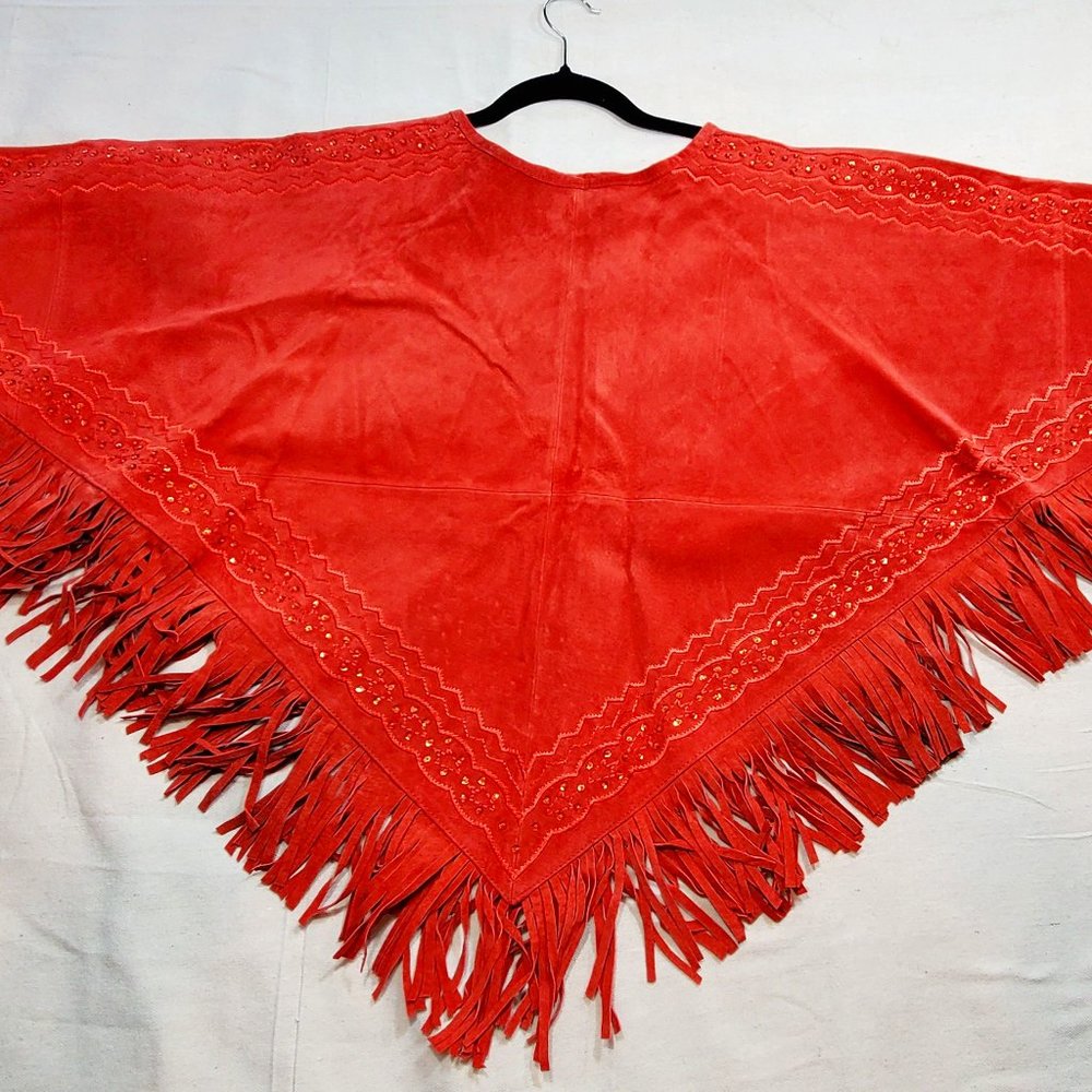 Stylish Red Leather Poncho with Fringe and Rhine Stones - Small